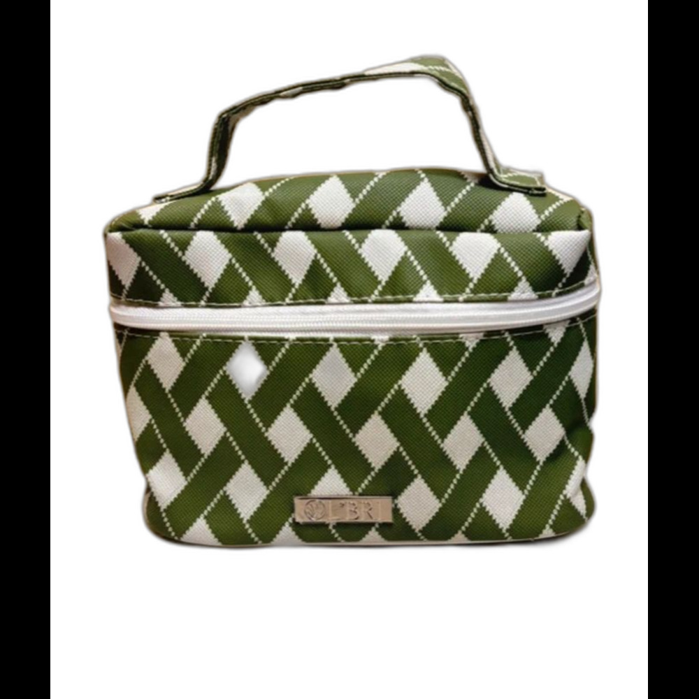 Olbrich Green & White Woven Pattern Cosmetic Bag / Travel Vanity Case
